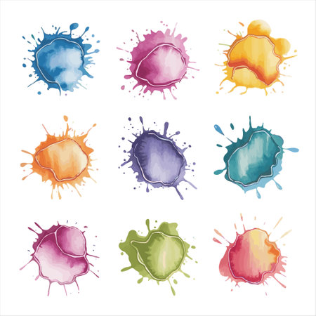 A set of watercolor ink splashes in various colors, creating a vibrant and artistic look. Perfect for graphic design, branding, and creative projects.のイラスト素材