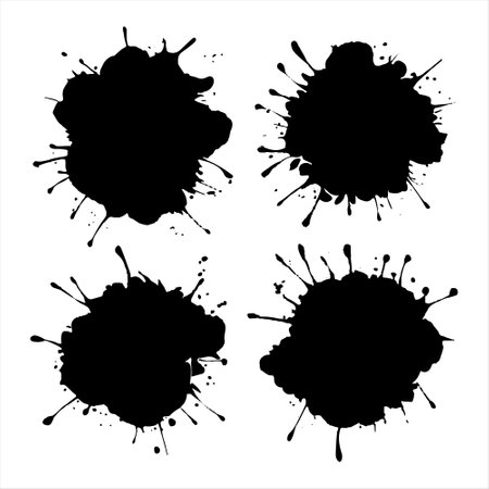 A collection of solid black ink splatters with irregular edges. Grungy artistic stains on a white background.のイラスト素材
