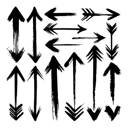 A unique set of ink arrows with hand-drawn, rough strokes. Perfect for artistic compositions, directional signage, and visual design elements.のイラスト素材