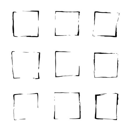 Minimal Hand-Drawn Squares. Set of simple hand-drawn square shapes in black outline. Ideal for minimalist design accents, abstract layouts, and background elements.のイラスト素材
