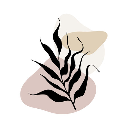 Botanical Leaf with Abstract Shape. Minimal black leaf illustration combined with soft abstract background shapes in earthy tones.のイラスト素材
