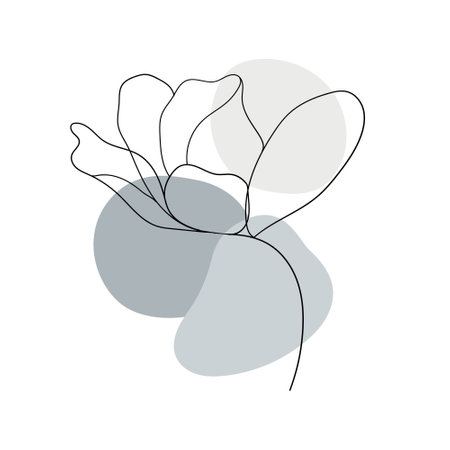 Misty Blue Line Flower. A soft, abstract floral illustration with misty blue and grey accents, drawn with a single continuous line.のイラスト素材