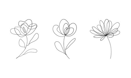 Floral Line Art Trio. A trio of minimal floral outlines without background colors. Perfect for tattoo designs, branding, or clean patterns.のイラスト素材