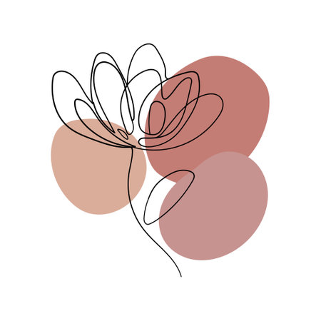 Red Blossom Outline Art. A minimalistic red-toned floral illustration with a single-line flower and soft, abstract background.のイラスト素材