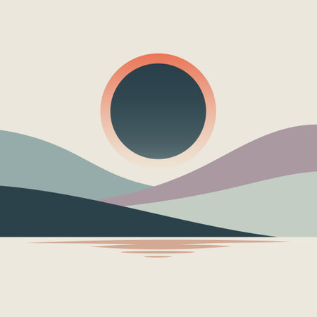 Minimal Landscape. Abstract desert landscape with curved colored hills and dark sun in a soft geometric composition.のイラスト素材