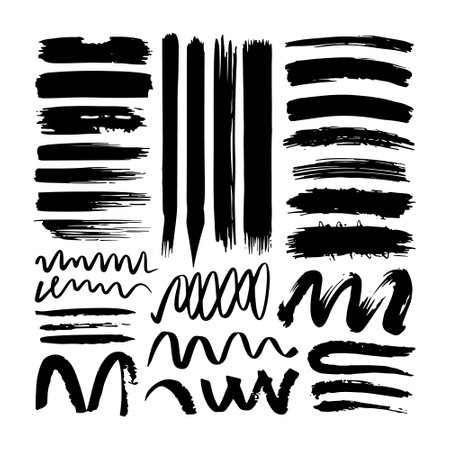 Ink Stroke Set. Collection of artistic black brush strokes with expressive lines, textures, and curves for creative design.のイラスト素材