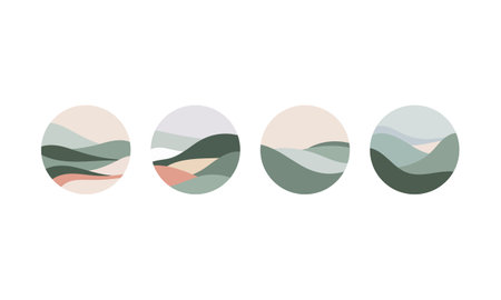 Earth Tone Circles. Muted abstract landscapes in circular format with earthy tones and soft curved shapes, perfect for minimal wall art.のイラスト素材