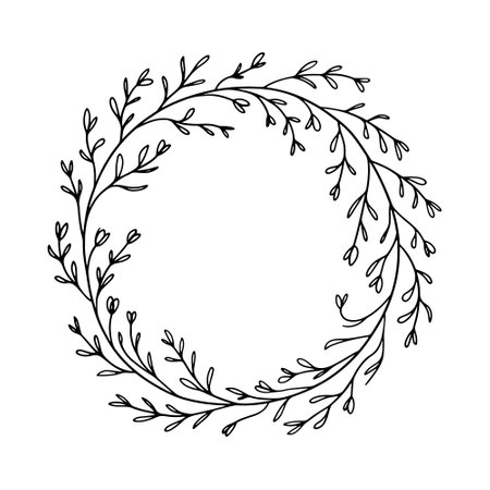 Thin Line Leaf Wreath. Minimalist wreath made of fine botanical lines and delicate twigs forming a clean and airy circular frame.のイラスト素材