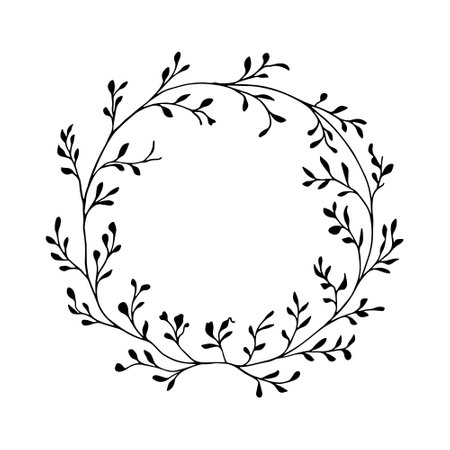 Botanical Circle Wreath. Wreath composed of botanical leaves in a graceful circular layout with thin, flowing hand-drawn lines.のイラスト素材
