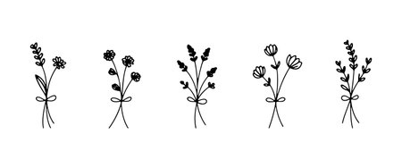 Delicate wildflower bouquet. Delicate wildflower bouquet with soft petals and thin green stems in a hand-drawn minimal style.のイラスト素材