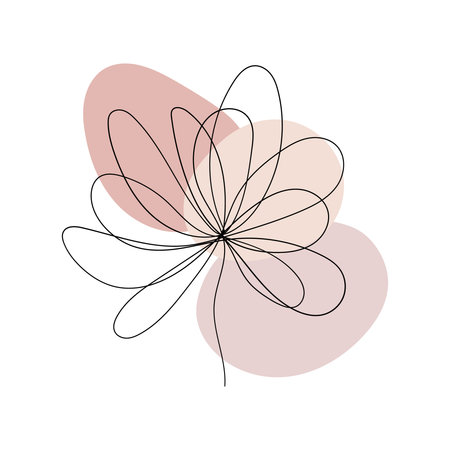 Pink Abstract Flower with Gold Circle. Line art flower in black with soft pink shapes and golden ring accent for a refined modern floral style.のイラスト素材