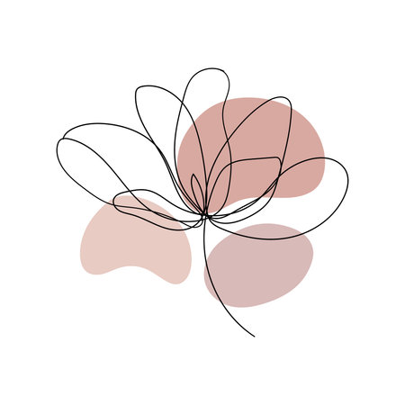 Whimsical Blossom with Blush. a playful single-line flower illustration over soft pink and beige abstract shapes, great for invitations, prints, and decor.のイラスト素材
