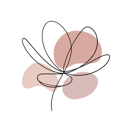 Minimalist Two-Petal Flower. A simple floral illustration with two wide petals in clean continuous line and soft reddish shapes.のイラスト素材