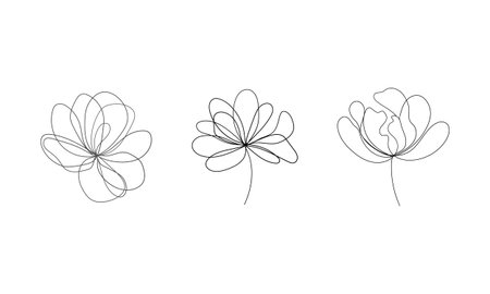Abstract Line Buds Trio. a modern minimalistic illustration of three blooming buds in a clean continuous line, perfect for contemporary floral designs.のイラスト素材