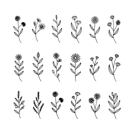 Whimsical Mini Flowers. A lively group of varied small flower icons with playful shapes and organic balance, ideal for fun and casual designs.のイラスト素材