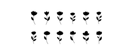 Black silhouette flowers arranged in a creative pattern on a white background for decorative purposesのイラスト素材