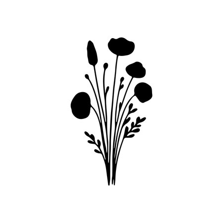 Black silhouette of wildflowers highlighting botanical beauty and elegance for decoration or design useのイラスト素材
