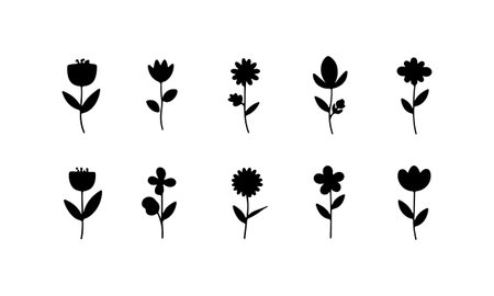 Flower silhouettes arranged in a grid showcasing various designs and shapes in black on a white backgroundのイラスト素材
