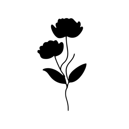 Elegant floral silhouette with two blooming flowers and delicate leaves against a plain backgroundのイラスト素材