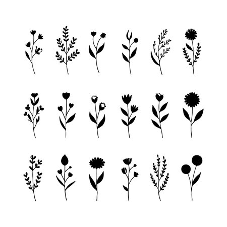 Whimsical Mini Flowers. A lively group of varied small flower icons with playful shapes and organic balance, ideal for fun and casual designs.のイラスト素材