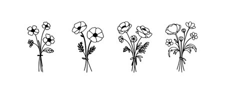 Floral illustrations showcasing various delicate flower arrangements in simple black line art styleのイラスト素材