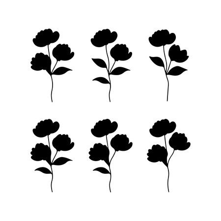 Elegant black silhouette floral pattern featuring multiple blooming flowers with leaves on a white backgroundのイラスト素材