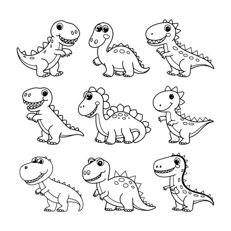 Cute dinosaur illustrations with various poses and expressions designed for childrens coloring activitiesのイラスト素材