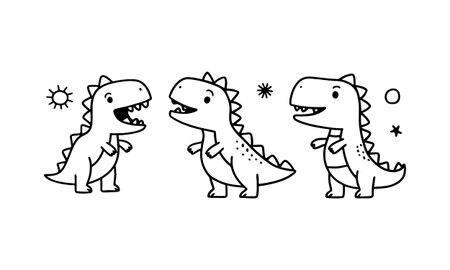 Cute cartoon dinosaurs smiling and playing under a sun and stars in a simple black and white designのイラスト素材