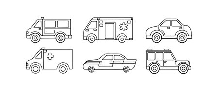 Various emergency vehicles and standard cars illustrated in a simple line art style with clear detailsのイラスト素材