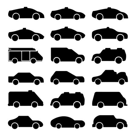 Various silhouettes of different vehicle types lined up in a creative arrangementのイラスト素材