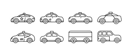 Various outline illustrations of different types of cars including police vehicles and service vehicles in a simple design styleのイラスト素材