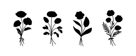 Various silhouettes of flowers showcasing different shapes and sizes against a simple white backgroundのイラスト素材