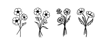 Flower bouquet illustrations showcase various floral designs in black and white styleのイラスト素材