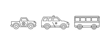 Different types of vehicles including a police car, an SUV, and a bus displayed in a simple line art styleのイラスト素材