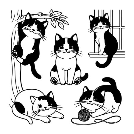 Five playful cats engaging in various activities around a home, showcasing their curious nature and love for playtimeのイラスト素材