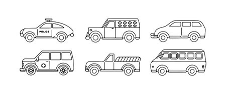 Different types of vehicles showcased in a linear arrangement, emphasizing utility and purpose in a simple designのイラスト素材