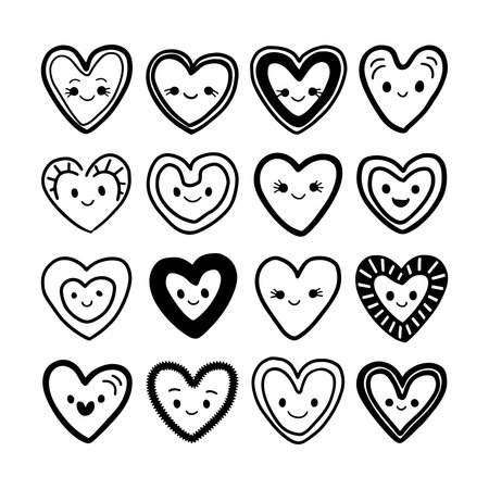 Colorful collection of cute heart designs featuring smiles and playful expressions for use in various creative projectsのイラスト素材