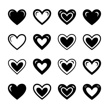 Various heart shapes in black and white arranged in a grid pattern suitable for decorative purposesのイラスト素材
