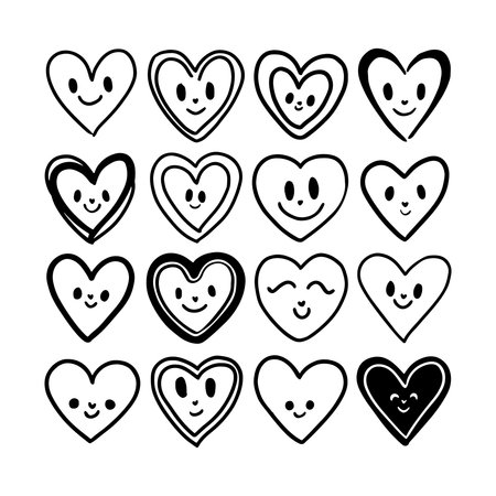 Creative collection of heart designs featuring smiling faces on a white background for decorative useのイラスト素材
