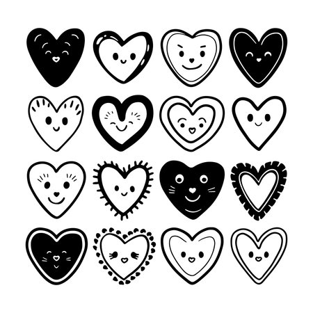 Cute heart illustrations with smiling faces in various designs ideal for decoration or children s art projectsのイラスト素材