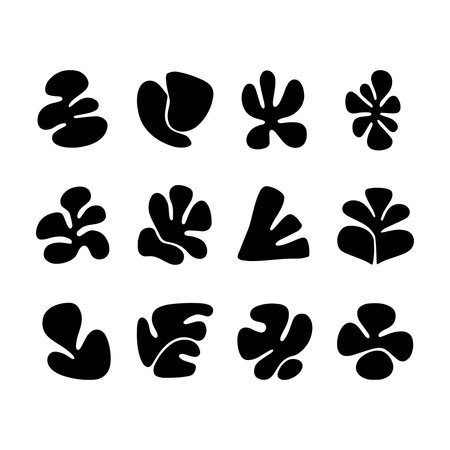 Creative black silhouettes of abstract floral and organic shapes on a white background for artistic design purposesのイラスト素材