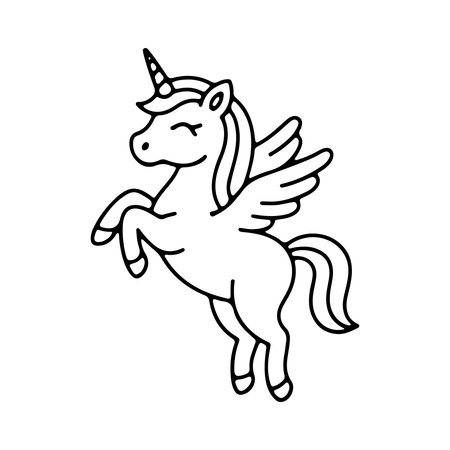 Fun and whimsical unicorn with wings in a playful pose, suitable for children s art and decorationsのイラスト素材