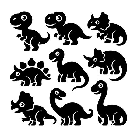 Collection of playful dinosaur silhouettes enjoying a fun day in a whimsical prehistoric landscapeのイラスト素材