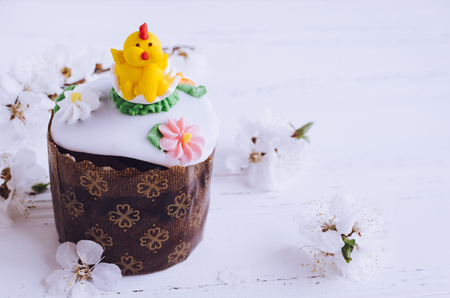 Traditional Ukrainian Easter cake Paska decorated for children and spring cherry blossom on white...