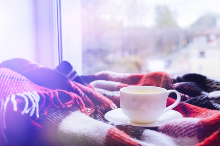 Cup of tea with lemon and warm woolen blanket on window sill. Hot drink for rainy days. Hygge concept, autumn mood. Cozy winter morning at home. Warm and comfy fall weekend. Relaxing in cold weather.の写真素材