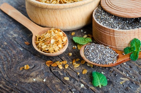 Healthy food. Fitness dietary super food. Homemade granola.の写真素材