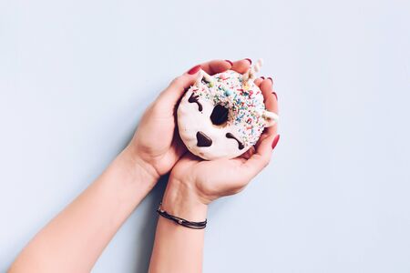 Unicorn donut in female hand on blue background. Trendy doughnut unicorn with white glaze. Top view. Copy space.の写真素材