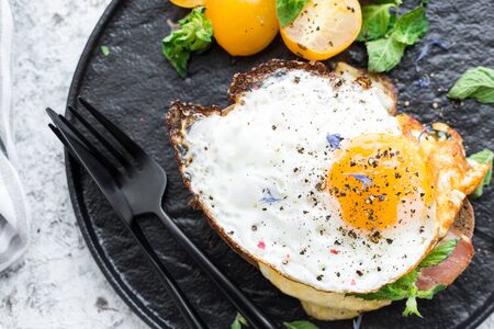 Fried egg sandwich with meat, cheese, bechamel sauce and tomatoes. Breakfast ideas. Top view. Close up.の写真素材