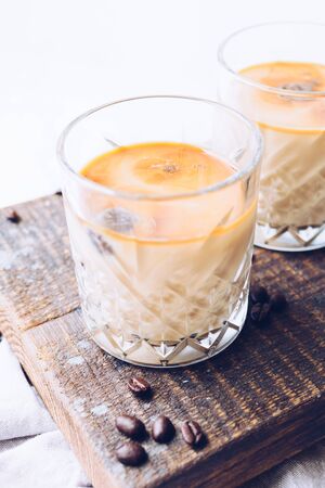 Coffee espresso ice cubes with milk in glass on white background with copy space. Cold summer drink.