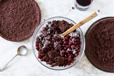Process of making chocolate cherry cake. Step by step recipe of chocolate cherry cake. Series....